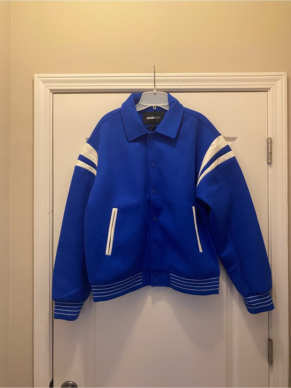 Men’s Royal Blue Varsity Jacket with White Stripes. L,XL and 2X